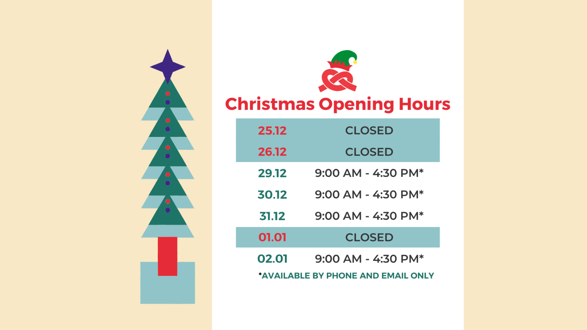Xmas opening hours 25 WB